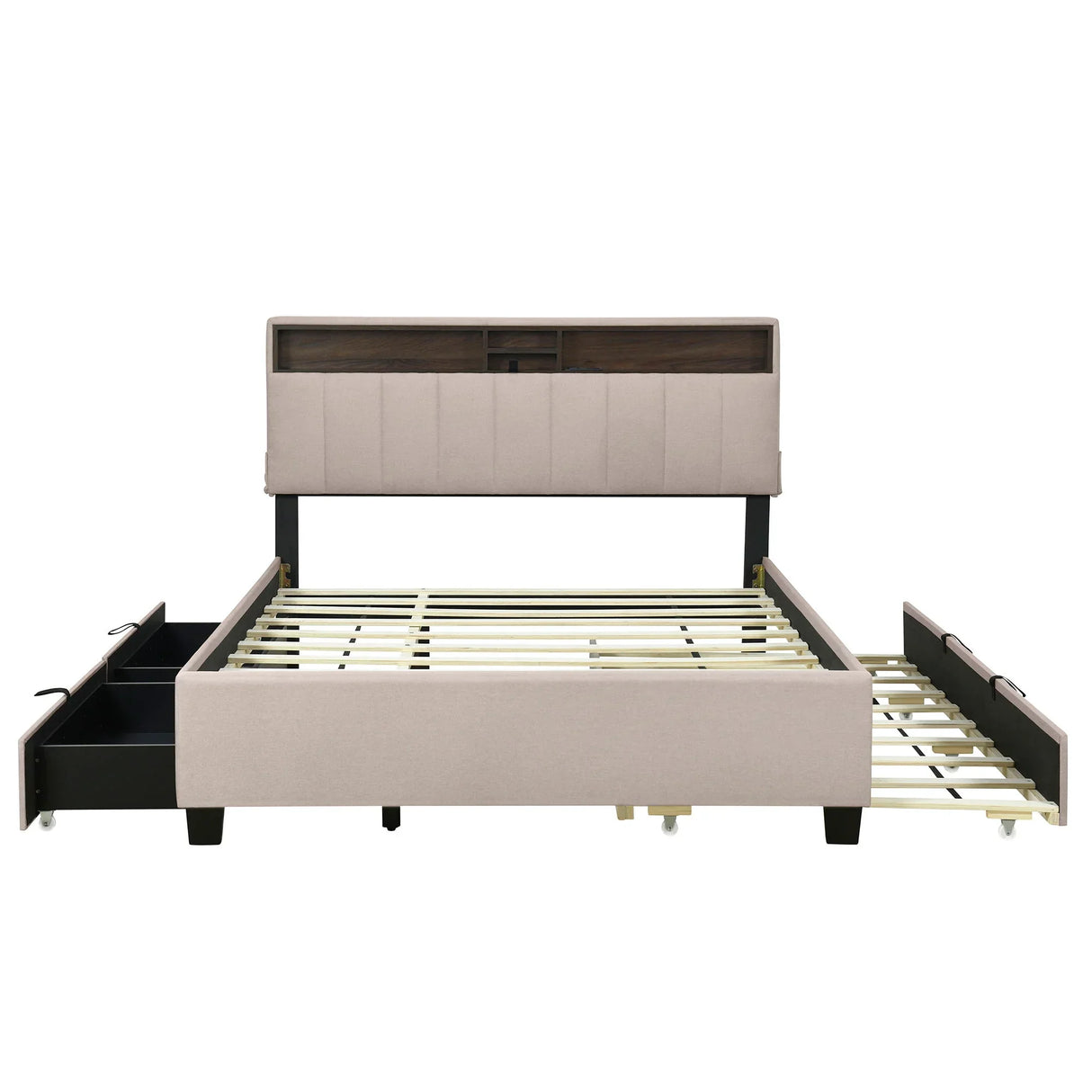 Upholstered Platform Bed With Storage Headboard, Trundle & 2 Drawers And A Set Of Sockets & USB Ports - Furniture Home Direct