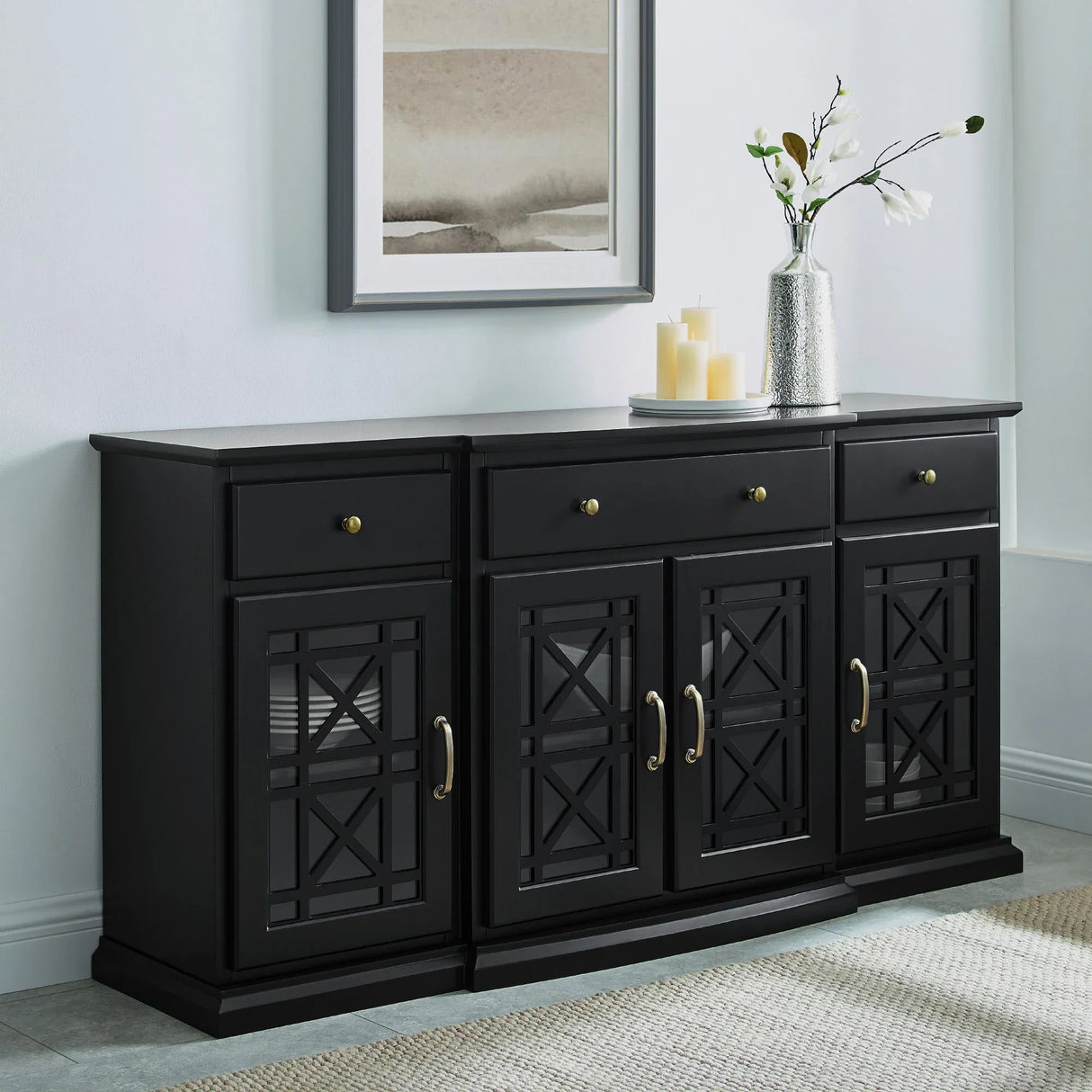 Classic Fretwork Detailed Glass Door Sideboard - Furniture Home Direct