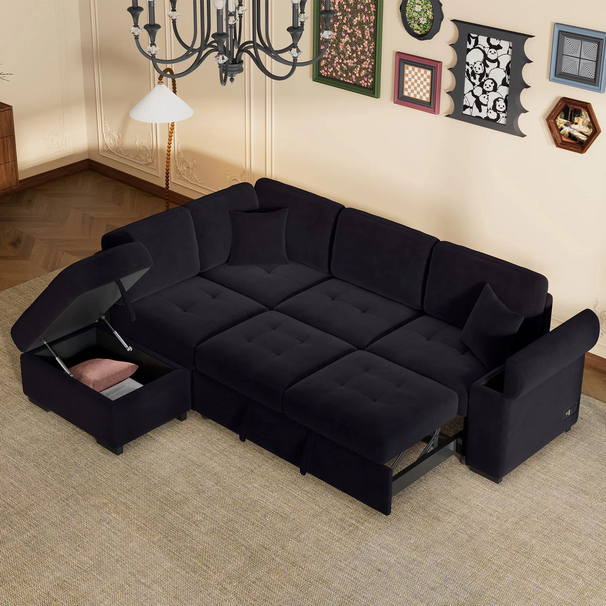 Sleeper Sectional Sofa, L-Shape Corner Couch Sofa Bed With Storage Ottoman & Hidden Arm Storage & USB Charge For Living Room Apartment - Furniture Home Direct