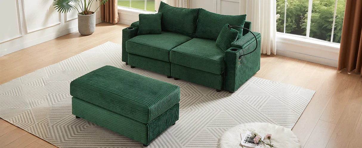 Sofa and Ottoman With Storage, Two USB Ports, Two Cup Holders and Phone Holder - Green - Furniture Home Direct