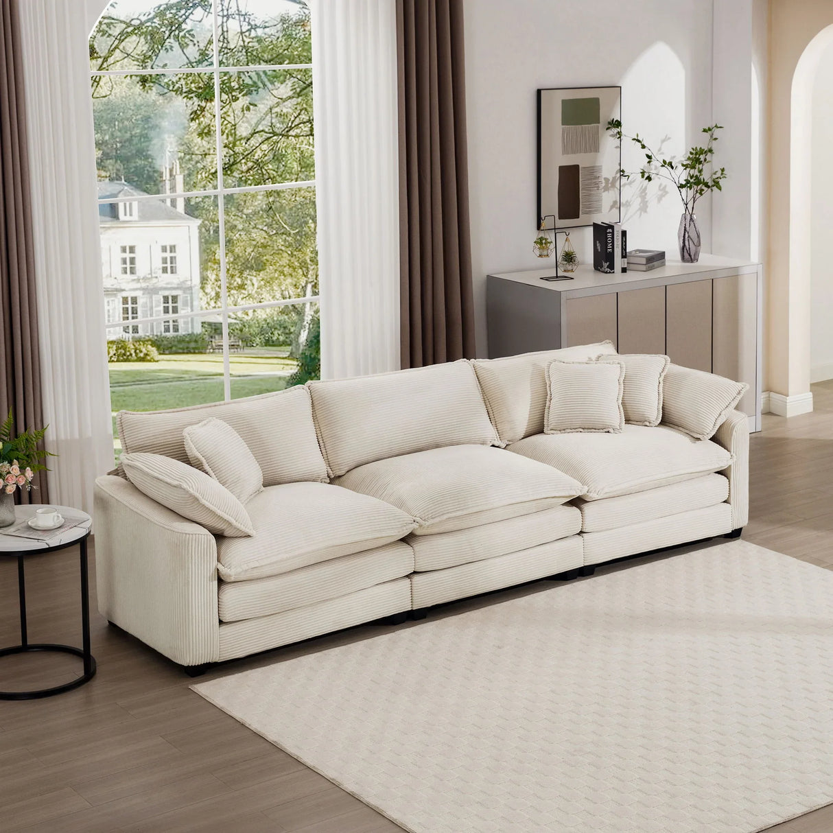 Mid-Century Modern 3 Seater Sectional Sofa With Arm And Throw Pillows - Furniture Home Direct