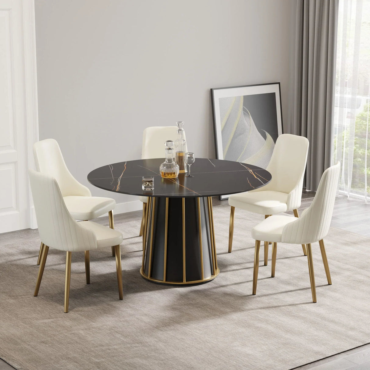 Modern Artificial Stone Round Metal Iron Base Dining Table, Can Accommodate 6 People (Not Including Chairs.) - Black - Furniture Home Direct