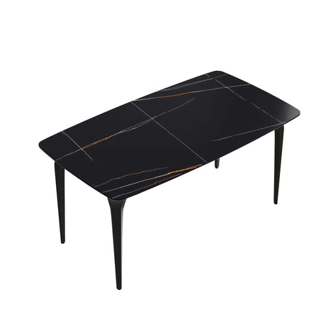 63" Artificial Stone Black Curved Black Metal Leg Dining Table, 6 People - Black - Furniture Home Direct