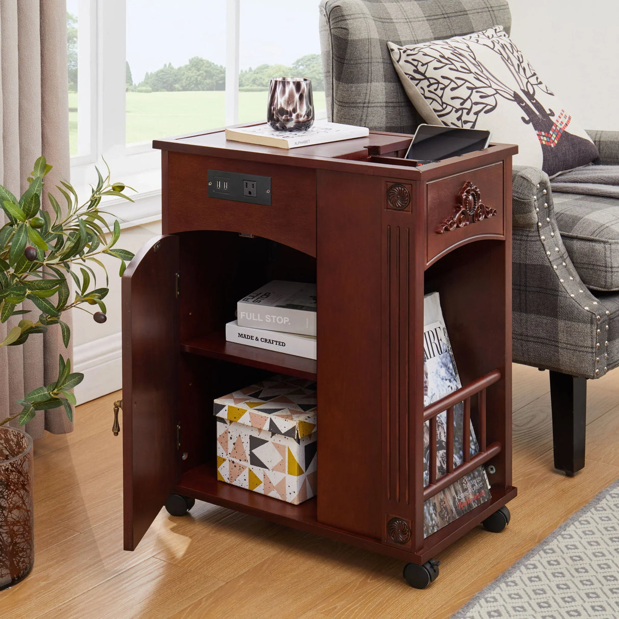 Traditional End Table With Charging Station, Narrow Side Table With USB Ports And Outlets - Red Walnut - Furniture Home Direct