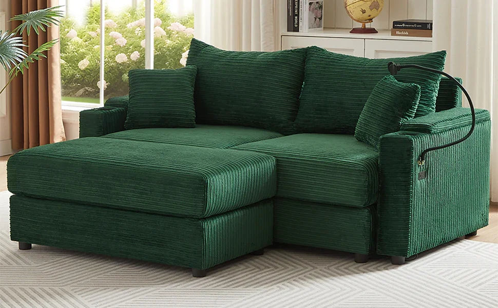 Sofa and Ottoman With Storage, Two USB Ports, Two Cup Holders and Phone Holder - Green - Furniture Home Direct