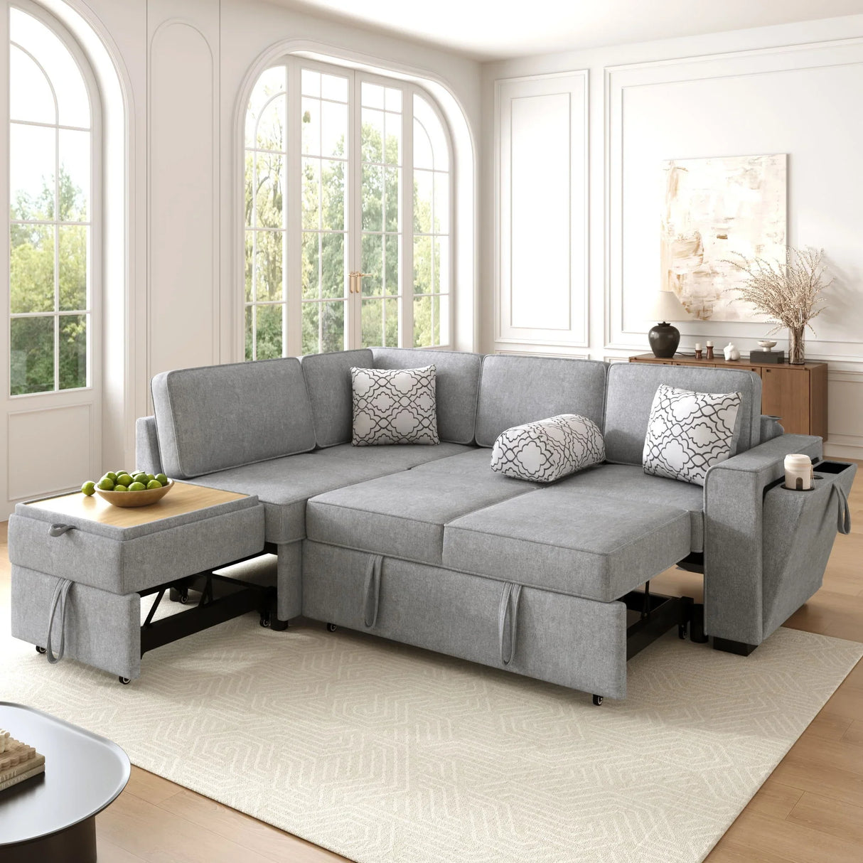 Convertible Sectional L-Shaped Sofa With Dual Pull-Out Sleepers, Flip-Top Table, USB Ports, Cup Holder & Storage - Furniture Home Direct