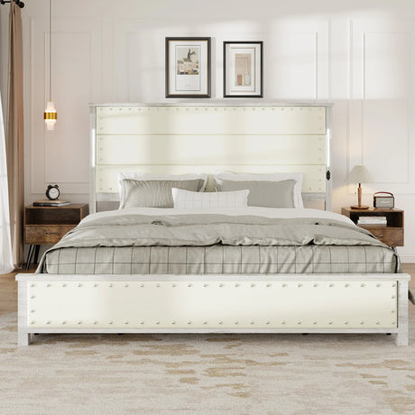 King Bed With Upholstered Headboard And Drawers Beige - Furniture Home Direct