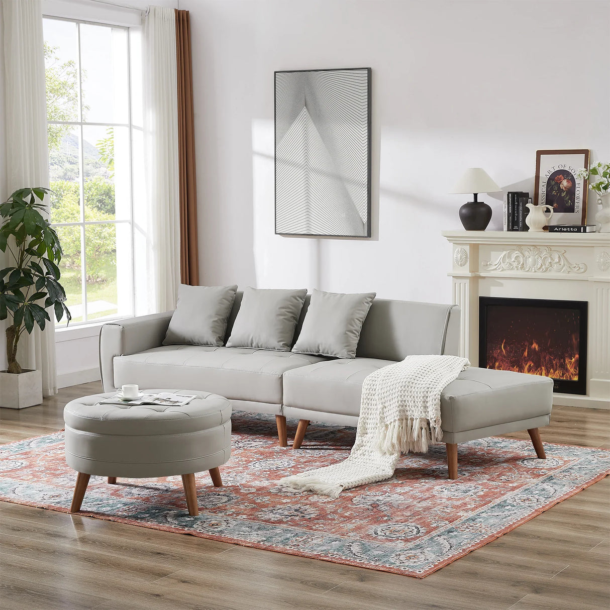 107 Inch Contemporary Sofa With Round Storage Ottoman Grey - Furniture Home Direct