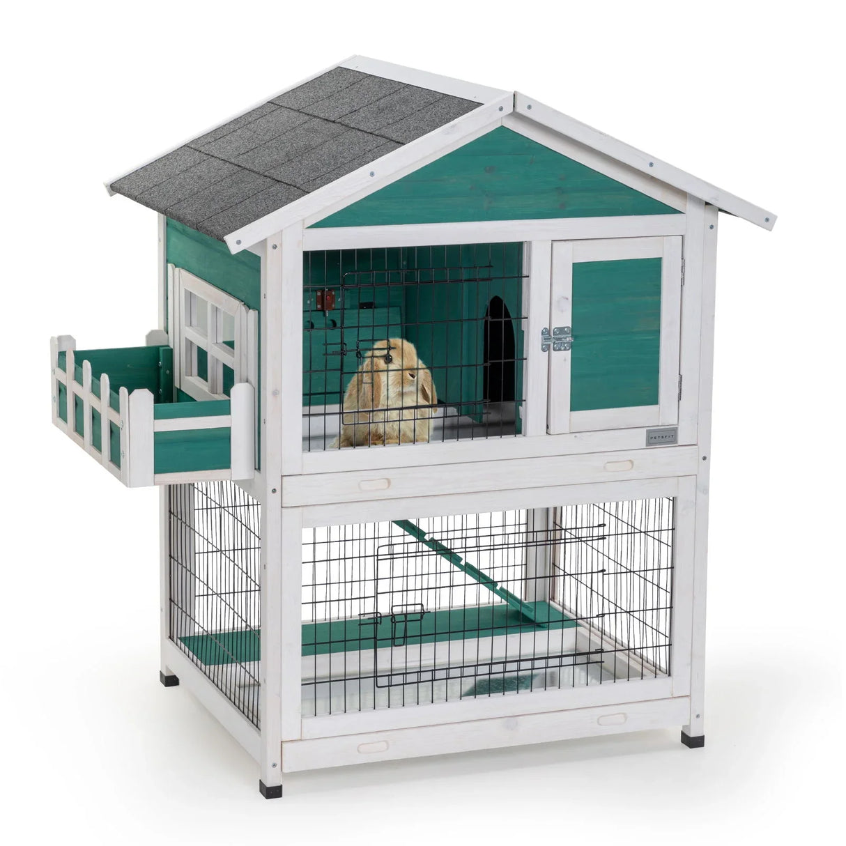 2 Story Wooden Rabbit Hutch Outdoor Indoor Bunny Cage Pull Out Tray, Waterproof Roof - Green - Furniture Home Direct
