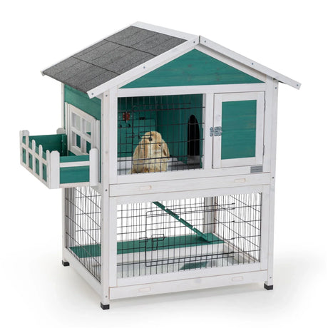 2 Story Wooden Rabbit Hutch Outdoor Indoor Bunny Cage Pull Out Tray, Waterproof Roof - Green - Furniture Home Direct