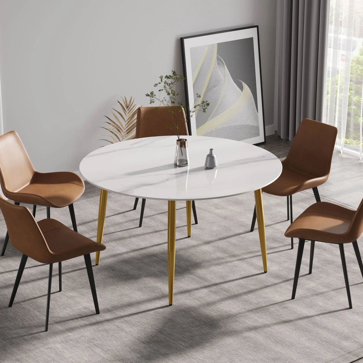 Modern Man-Made Stone Round Metal Dining Table-Position For 6 People - Furniture Home Direct