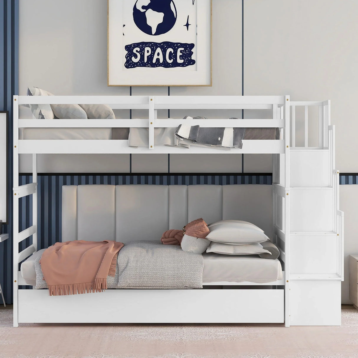 Twin Over Twin Bunk Beds With Twin Trundle And Stairway Storage Function - Furniture Home Direct