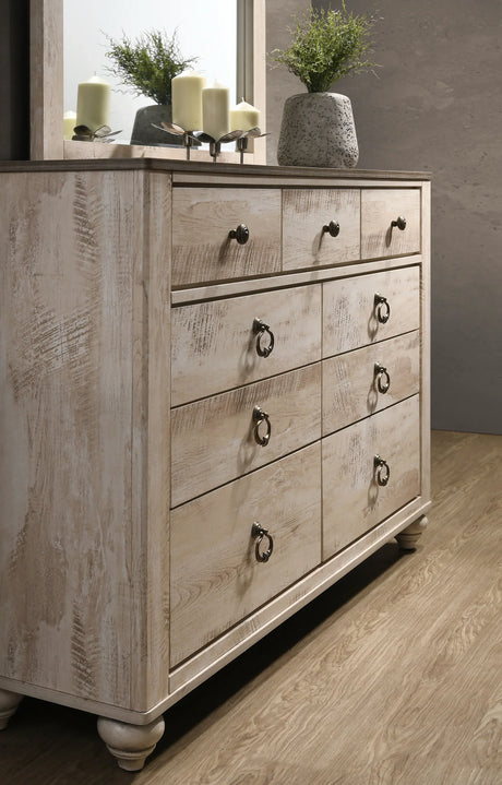 King Bed Bedroom Set Dresser Mirror Nightstands Whitewash - Furniture Home Direct