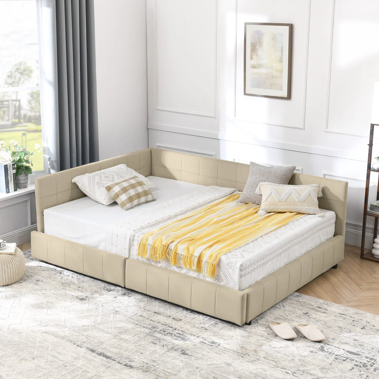 Mid-Century Storage Upholstered Tufted Bed Frame With Backrest And Armrests - Furniture Home Direct