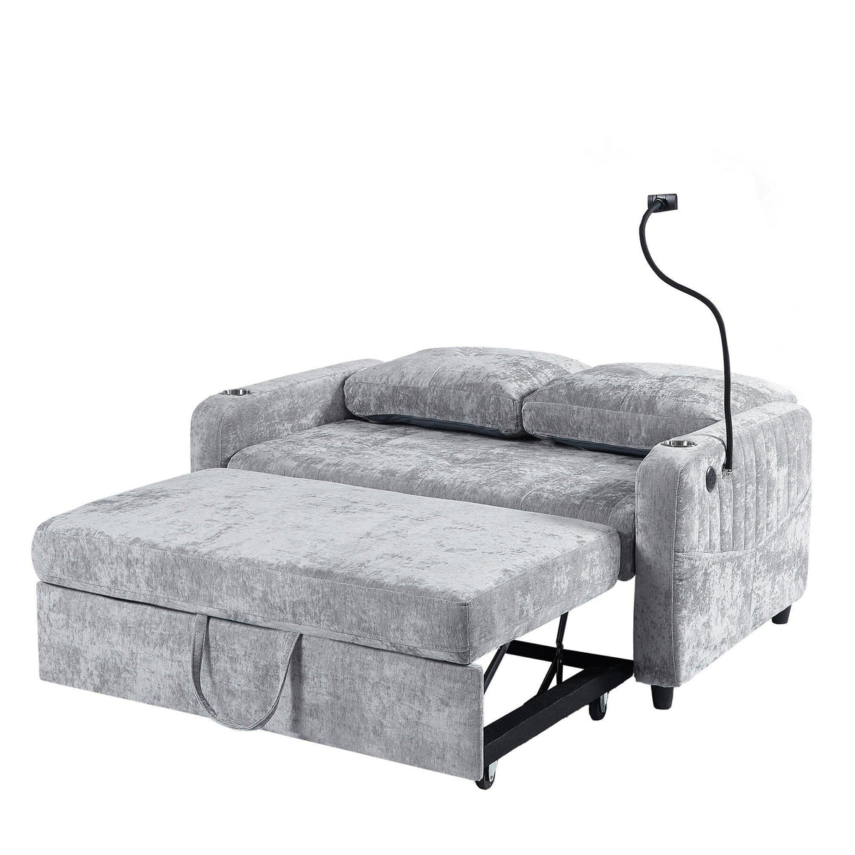 Sleeper Sofa With Adjustable Backrest, Two Cup Holders, Phone Holder, Three Charging Ports And Side Storage Pockets - Gray - Furniture Home Direct