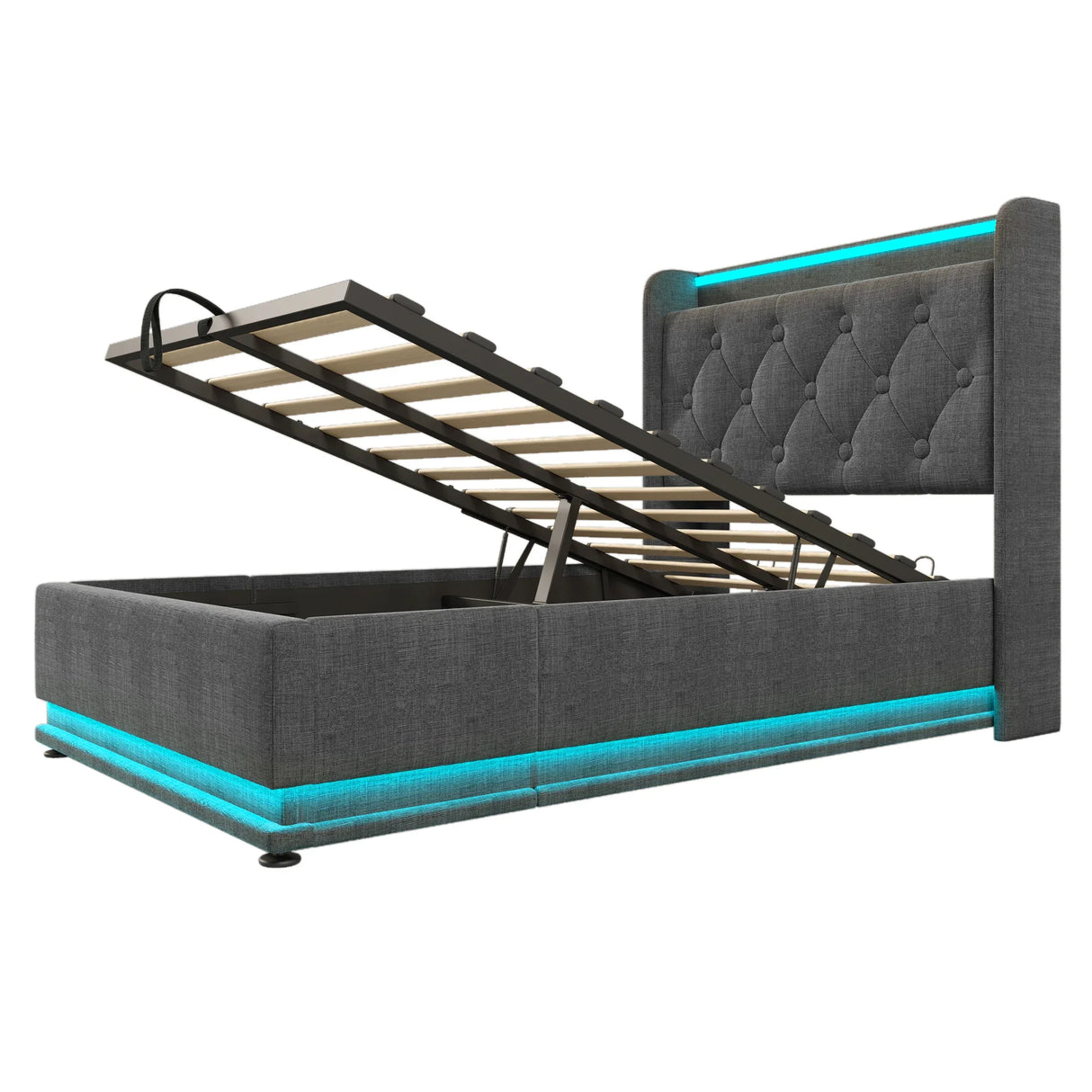 Twin Upholstered Bed 360 Surround LED Lighting USB C Gray - Furniture Home Direct