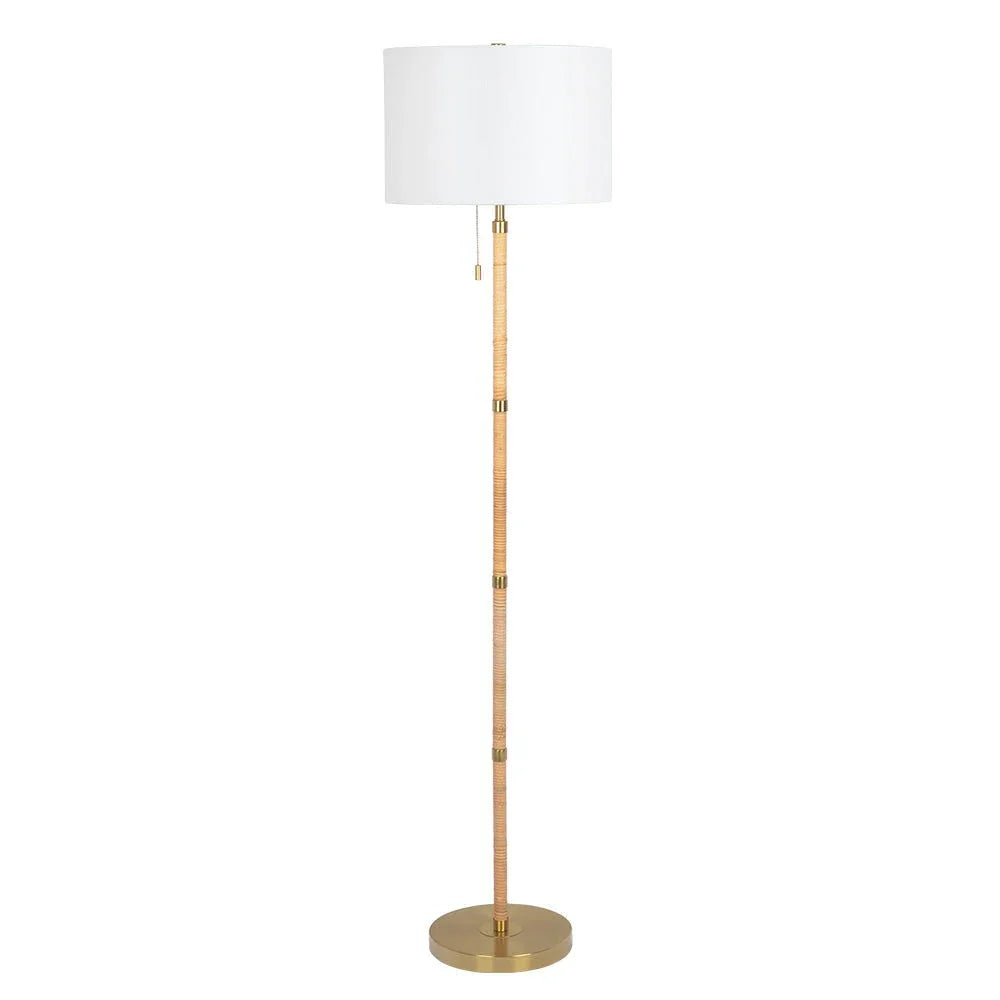 Stellar - Linen Shade Floor Lamp - Gold / Natural Wood / Rattan / White - Furniture Home Direct