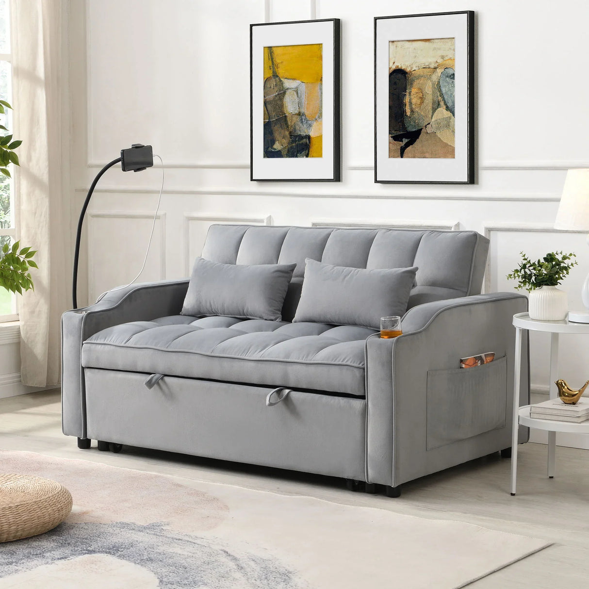 Modern Velvet Loveseat Futon Sofa With Pullout Bed, Adjustable Reclining Backrest, Toss Pillows - Furniture Home Direct