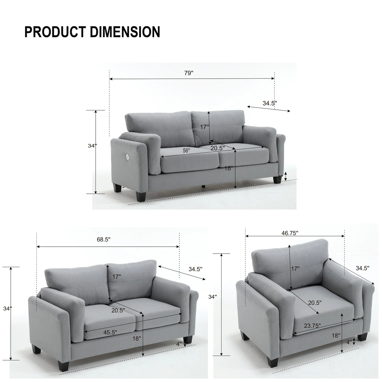 Modern 3 Piece Living Room Set - Gray - Furniture Home Direct