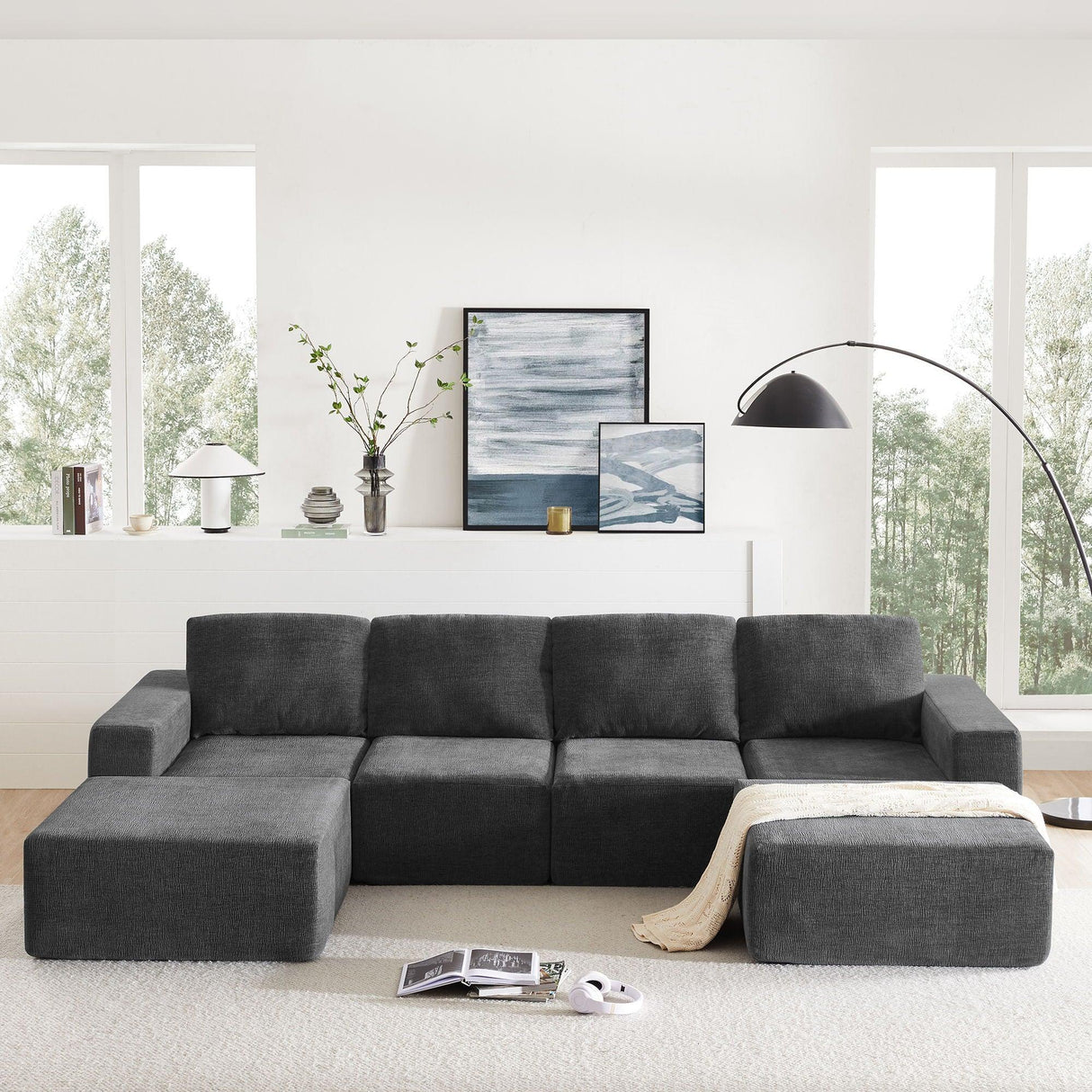 Modular U Shaped Sectional With Ottomans, Luxury Cloud Floor Couch With Deep Seat Fully Compressed Upholstered Sofa - Furniture Home Direct