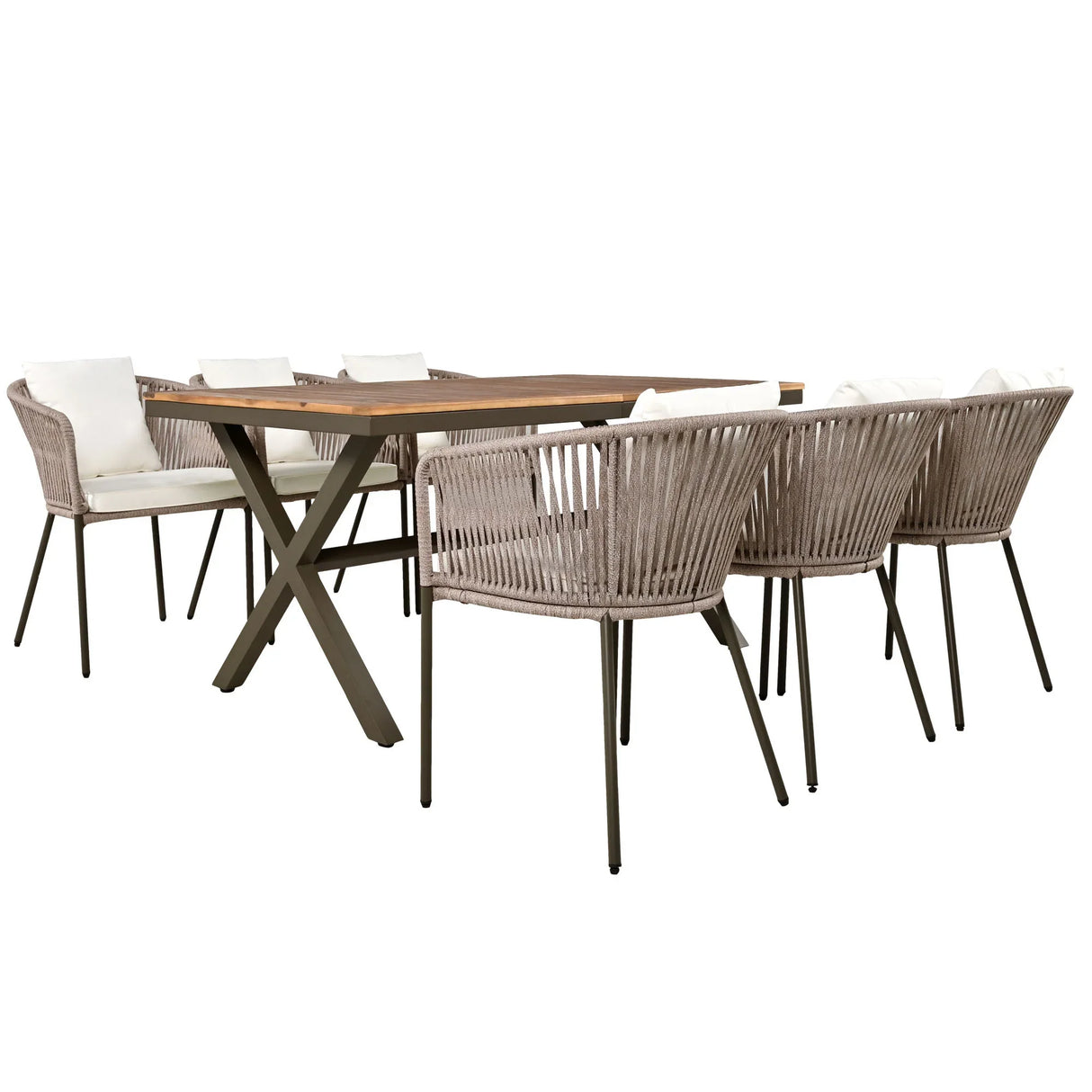 7 Piece All-Weather Patio Dining Set with Acacia Wood Tabletop and Metal Frame - Beige - Furniture Home Direct