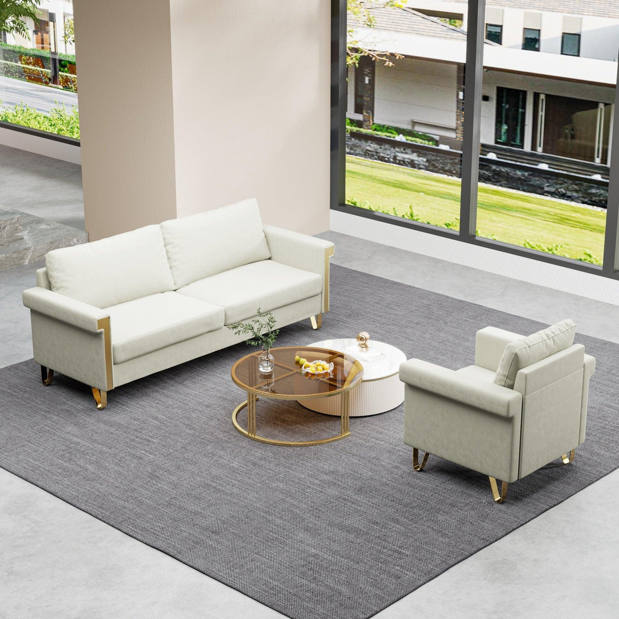 Sofa and Chair Velvet Elegant Living Room Two Piece - Beige - Furniture Home Direct