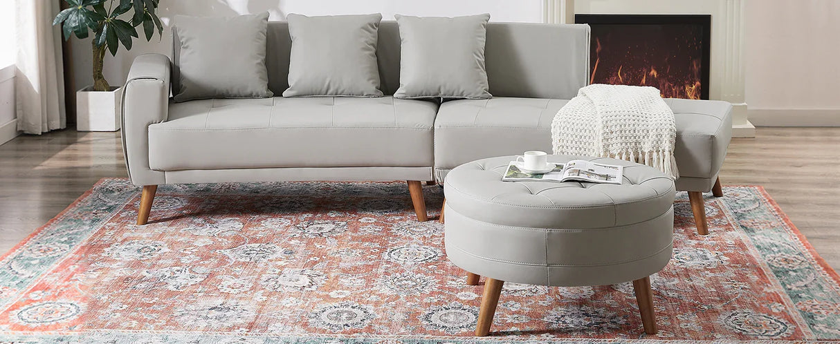 107 Inch Contemporary Sofa With Round Storage Ottoman Grey - Furniture Home Direct