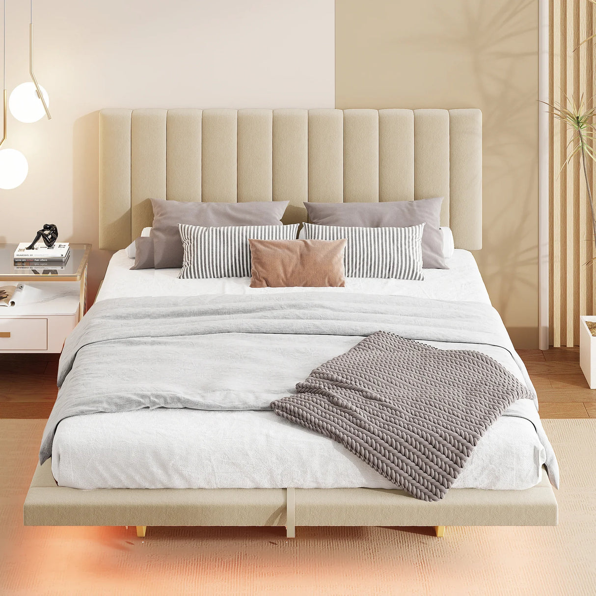 Queen Bed With Upholstered Storage And LED Lighting Beige - Furniture Home Direct