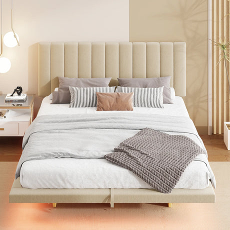 Queen Bed With Upholstered Storage And LED Lighting Beige - Furniture Home Direct