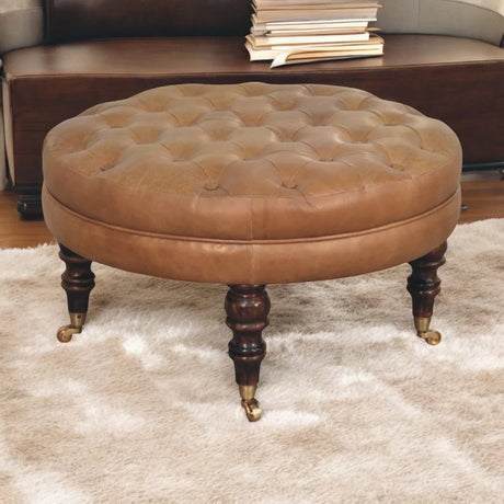 Buffalo - Leather Round Ottoman With Castor Legs - Brown - Furniture Home Direct