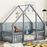 Wood House-Shaped Floor Bed With Fence, Guardrails - Furniture Home Direct
