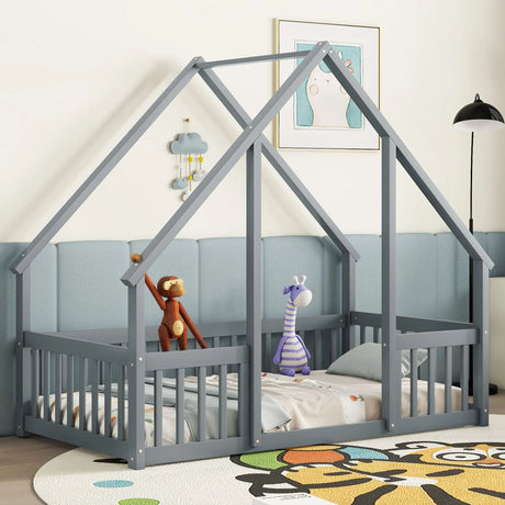 Wood House-Shaped Floor Bed With Fence, Guardrails - Furniture Home Direct