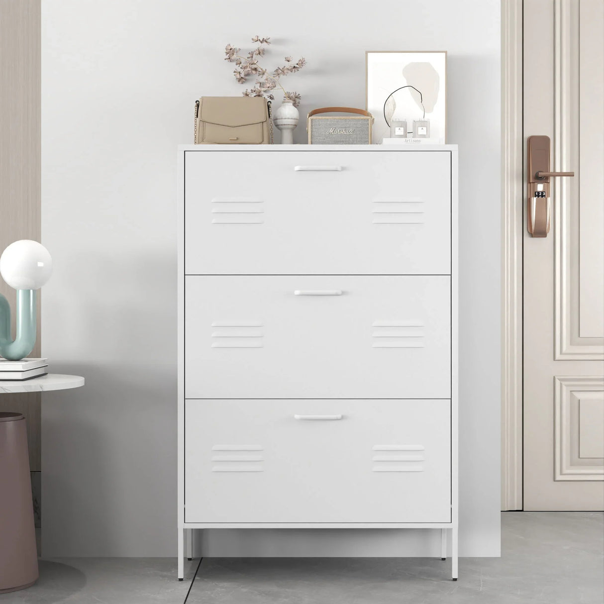 Modern Shoe Storage Cabinet With 3 Flip Drawers And Metal Frame For Entryway - Brushed Nickel - Furniture Home Direct