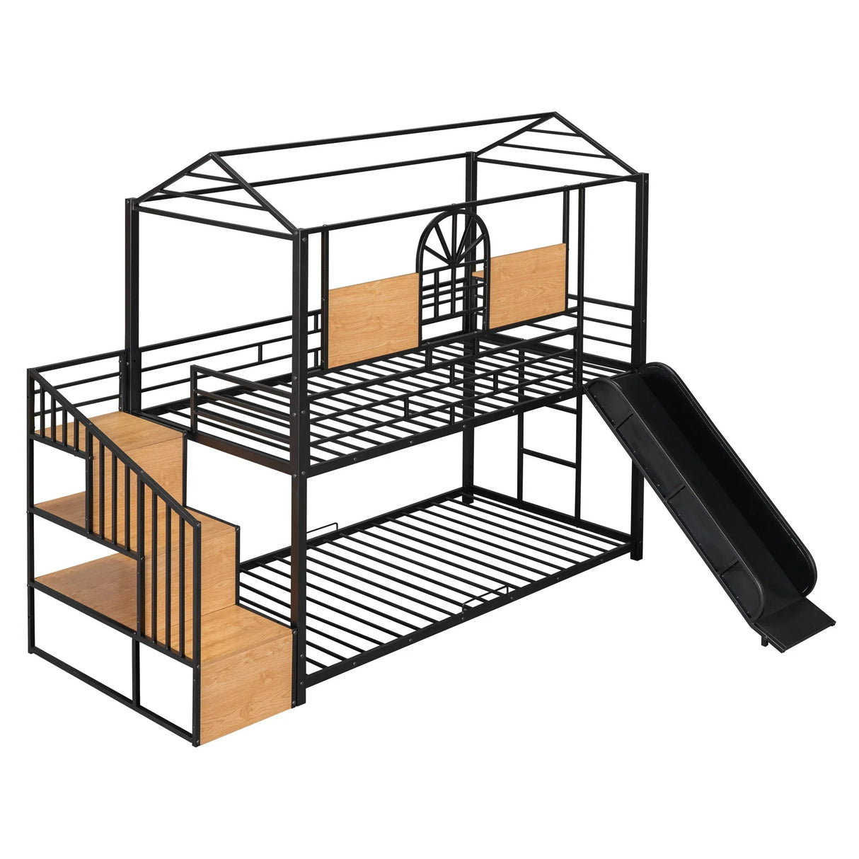 Metal Bunk Bed, Metal Housebed With Slide And Storage Stair - Furniture Home Direct