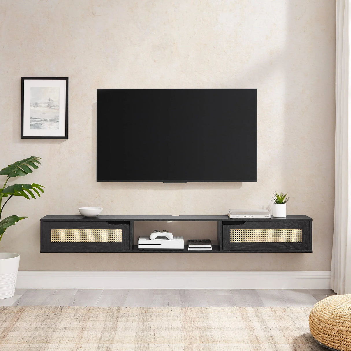 Modern Rattan Door Floating TV Stand For TVs Up To 80" - Furniture Home Direct