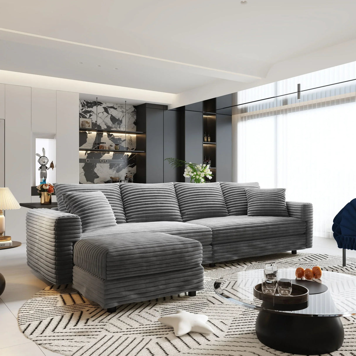 Plush Corduroy 4 Seat Sofa With Soft Pillows And Movable Ottoman - Furniture Home Direct