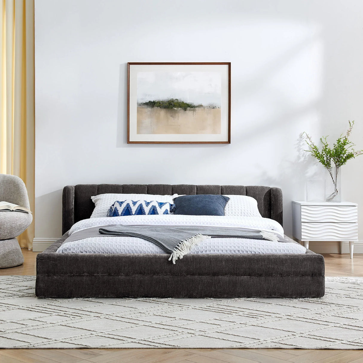 Modern Upholstered Bed Frame With Thick Chenille Fabric And Headboard - Furniture Home Direct