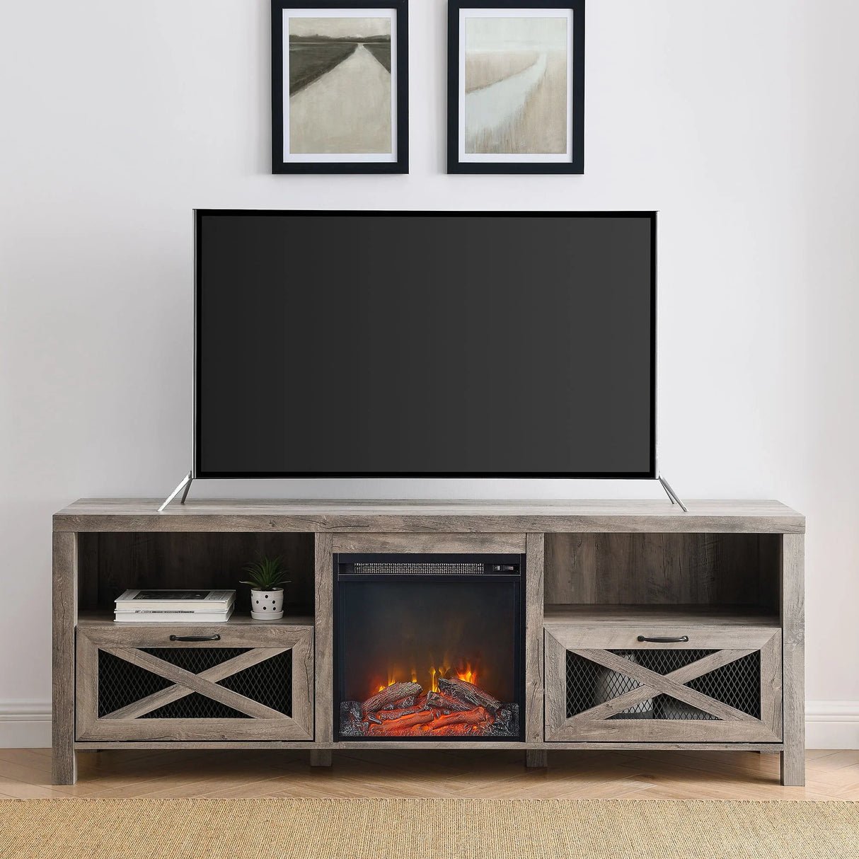 Industrial Farmhouse Metal Mesh Drop Down X Door Fireplace TV Stand - Furniture Home Direct
