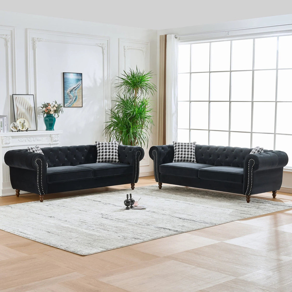 Chesterfield Velvet Upholstery Fabric Sofa With Roll Armrest & Nailhead, Mid Century Modern 3 And 3 Seater Couch - Furniture Home Direct