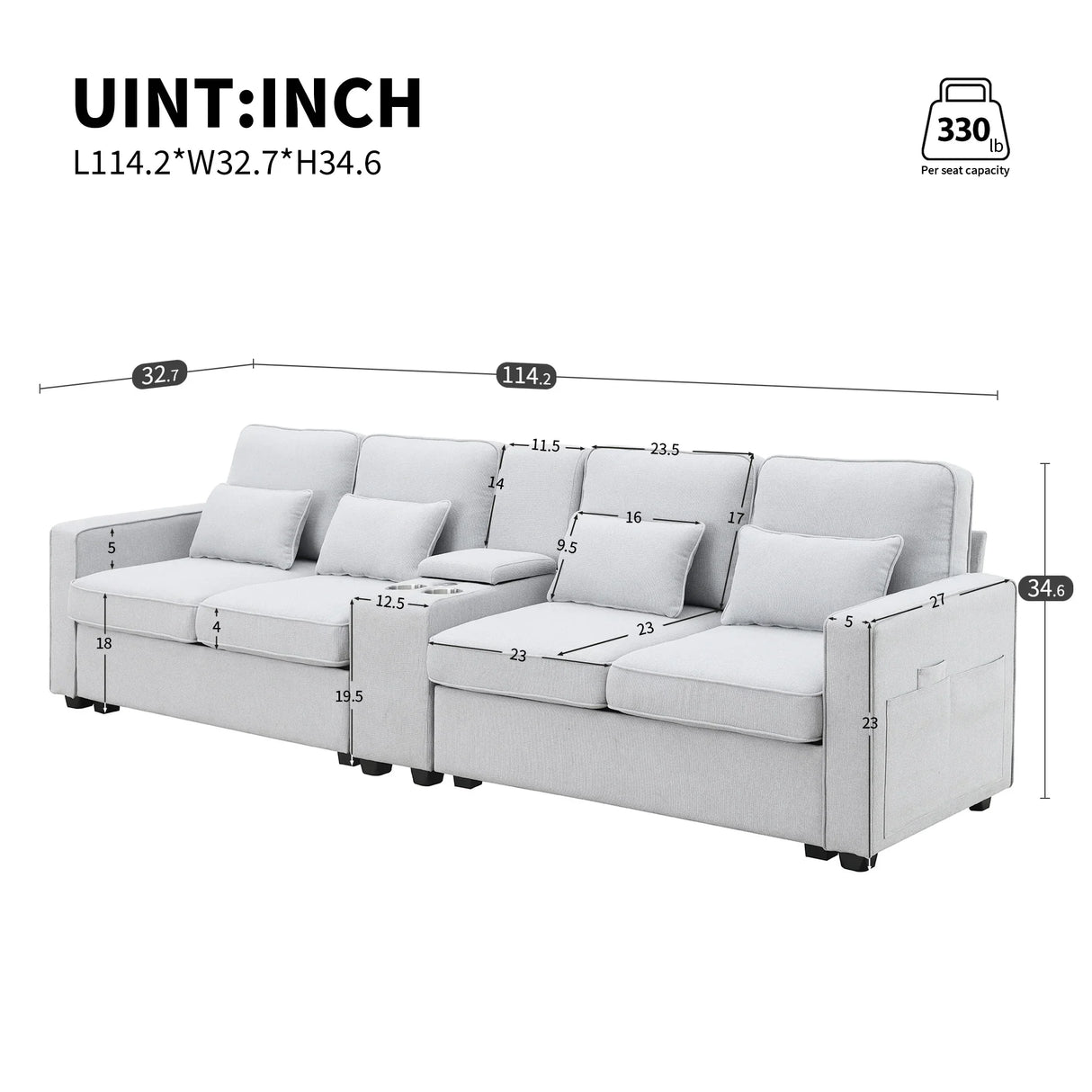 114.2 Sofa With Console 2 Cupholders 2 USB Ports Light Gray - Furniture Home Direct