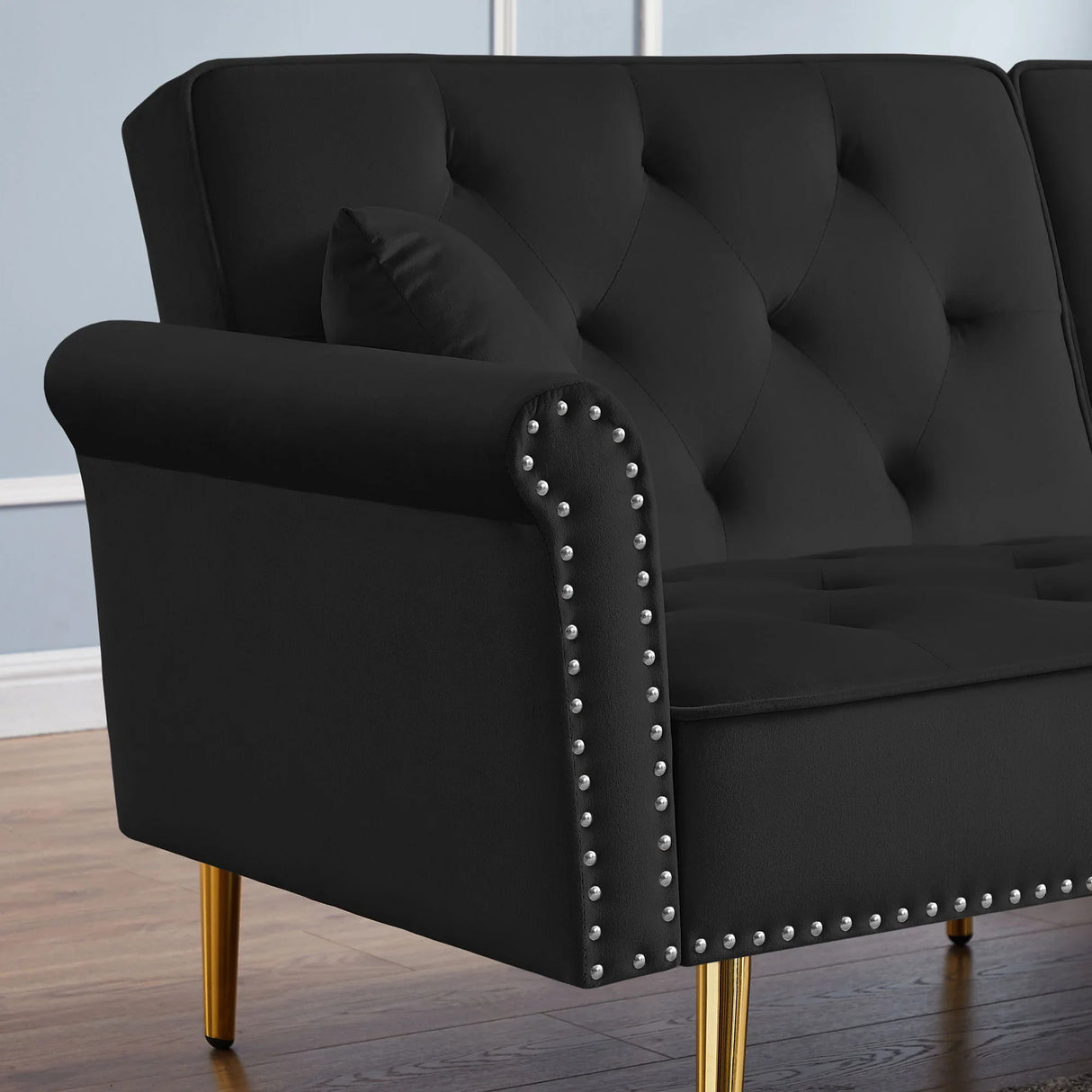 Velvet Tufted Sofa Couch With 2 Pillows And Nailhead Trim - Furniture Home Direct