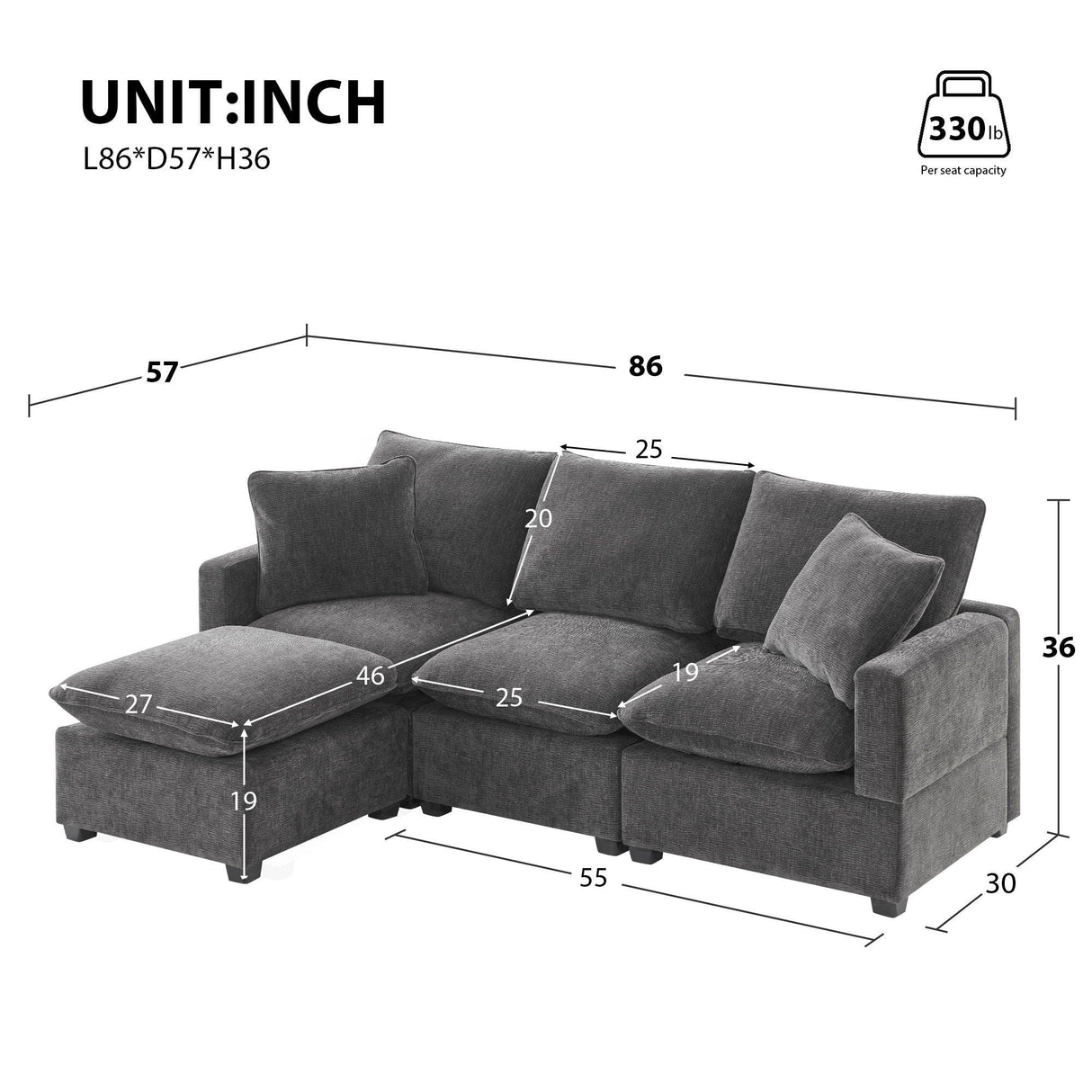 Modern Modular Sofa, 4 Seat Chenille Sectional Couch Set With 2 Pillows Included, Freely Combinable Indoor Funiture For Living Room - Furniture Home Direct