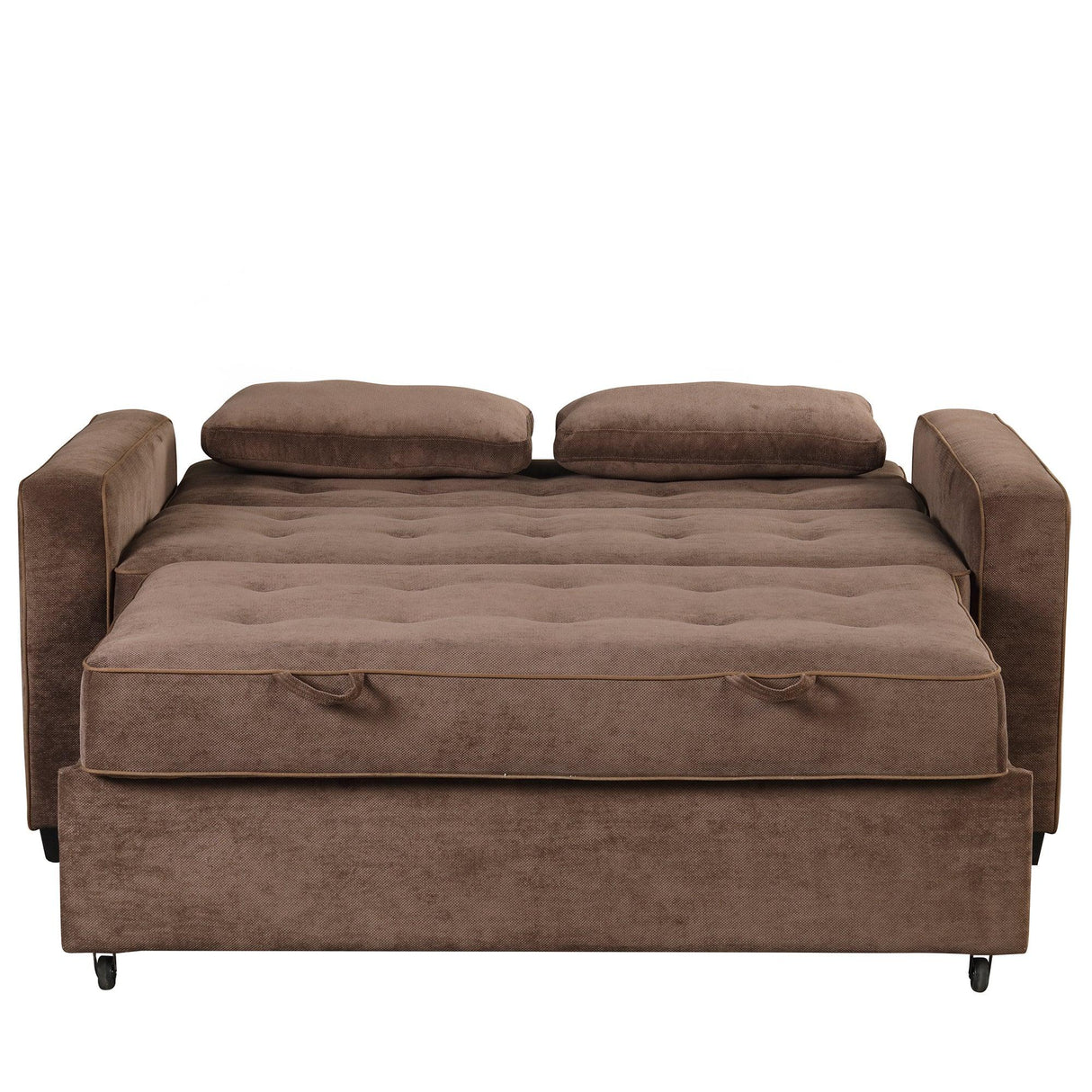 66.5" Upholstered Loveseat With Pull Out Bed, Two Throw Pillows, Dual USB Charging Port and Adjustable Backrest - Brown - Furniture Home Direct
