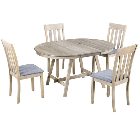 5 Piece Wood Dining Table Set With Extendable Round Table And 4 Chairs - Furniture Home Direct