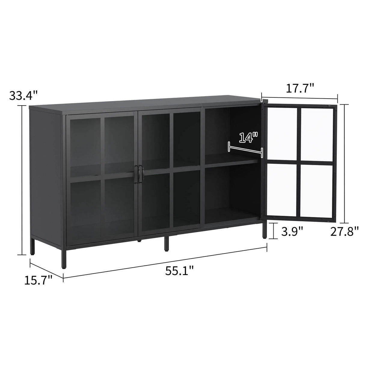 Modern Heavy Duty Metal Sideboard Buffet Cabinet With Storage, Adjustable Feet, Glass Doors, Steel - Black - Furniture Home Direct