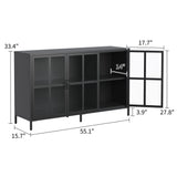 Modern Heavy Duty Metal Sideboard Buffet Cabinet With Storage, Adjustable Feet, Glass Doors, Steel - Black - Furniture Home Direct