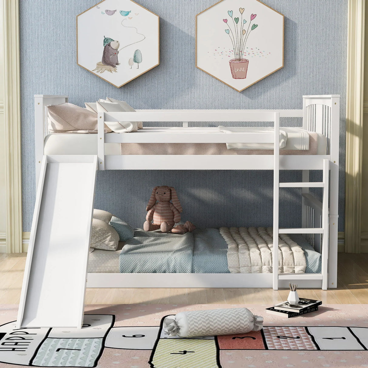 Full Over Full Bunk Bed With Ladder With Slide - White - Furniture Home Direct