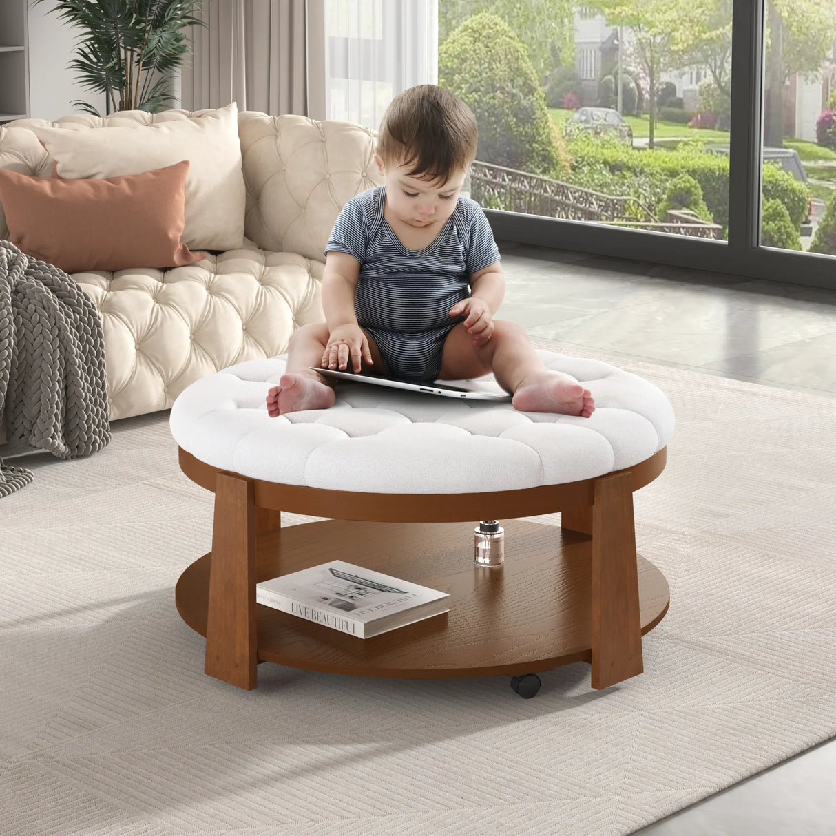 Round Ottoman Coffee Table with Upholstered Top Ivory White - Furniture Home Direct
