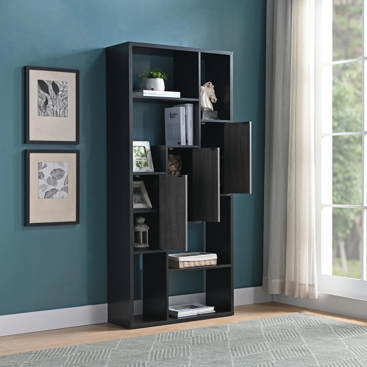 Bookcase Display Storage Cabinet, Multi Shelves - Black / Distressed Gray - Furniture Home Direct