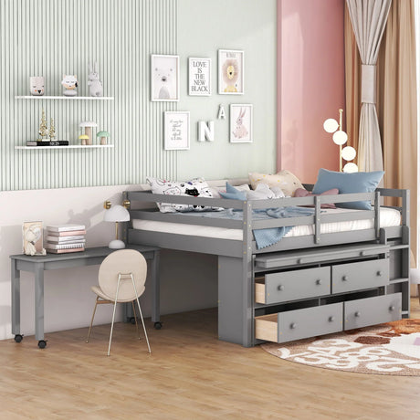Loft Bed With Retractable Writing Desk And 4 Drawers, With Lateral Portable Desk And Shelves - Furniture Home Direct